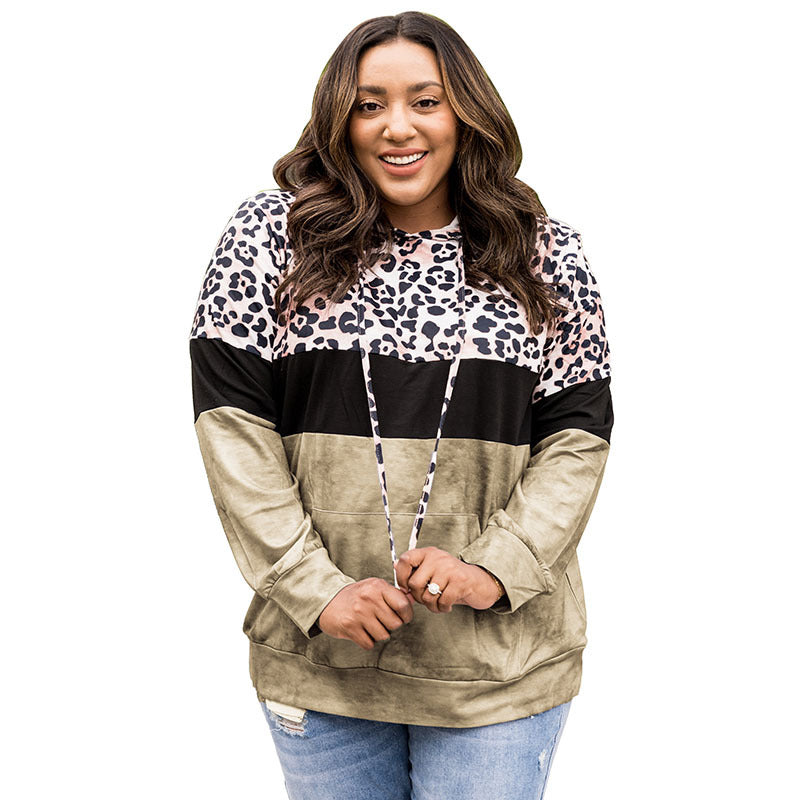 Plus Size Leopard Contrast Pullover Hoodie