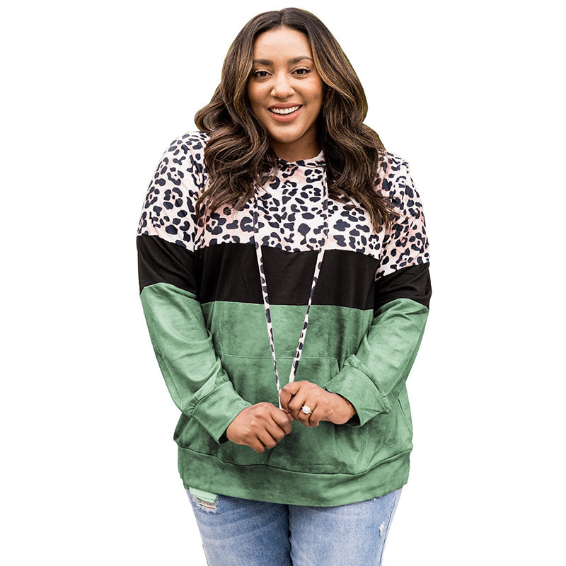 Plus Size Leopard Contrast Pullover Hoodie