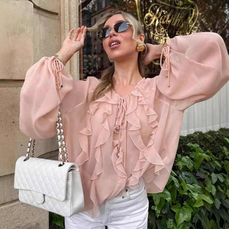 Ruffled Chiffon V‑Neck Long‑Sleeve Top – Soft Pink