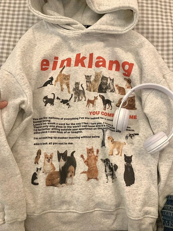 Retro Dog & Cat Fleece Hooded Sweatshirt