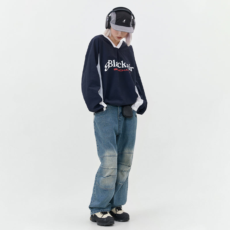 Contrast Color V-Neck Couple Pullover Hoodie