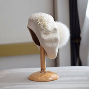 Warm Wool Beret with Rhinestone Flower for Women