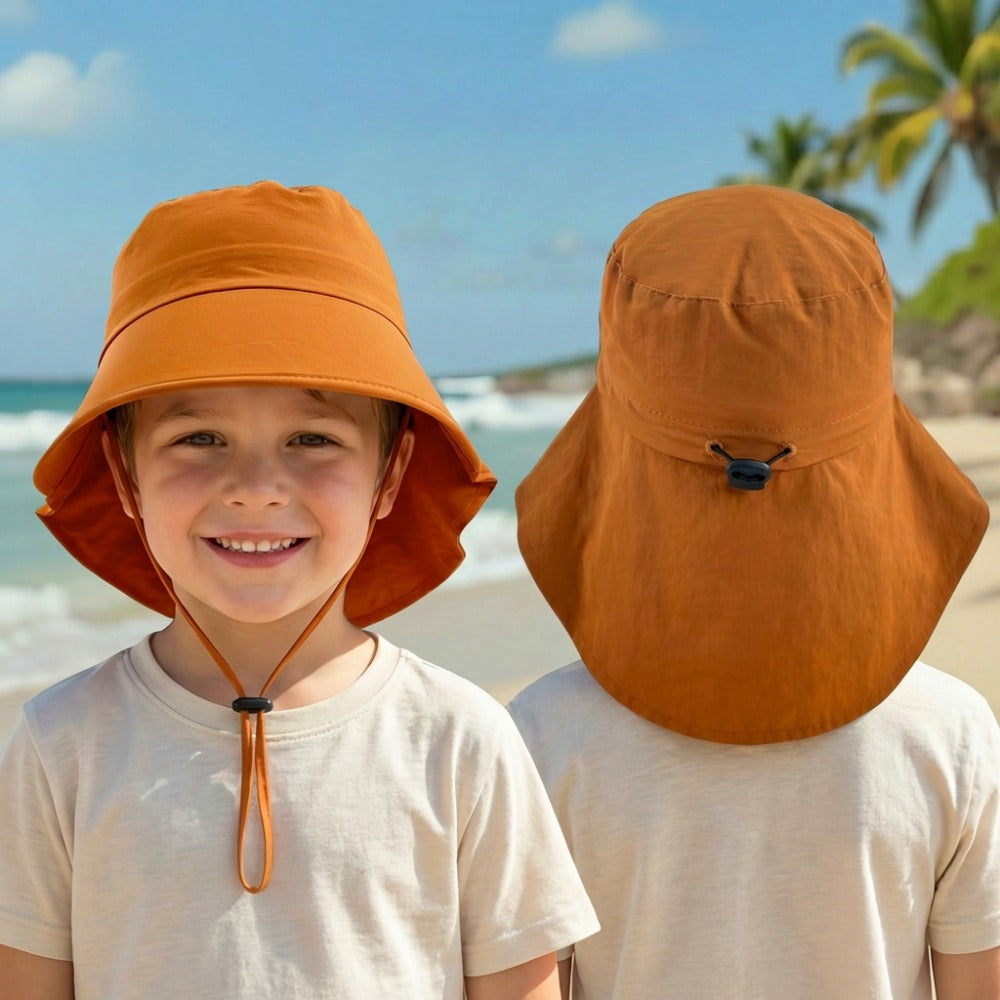 Kids Outdoor Sun Hat with Windproof Rope, Adjustable Drawstring and Ponytail Hole – Nylon Fisherman Style
