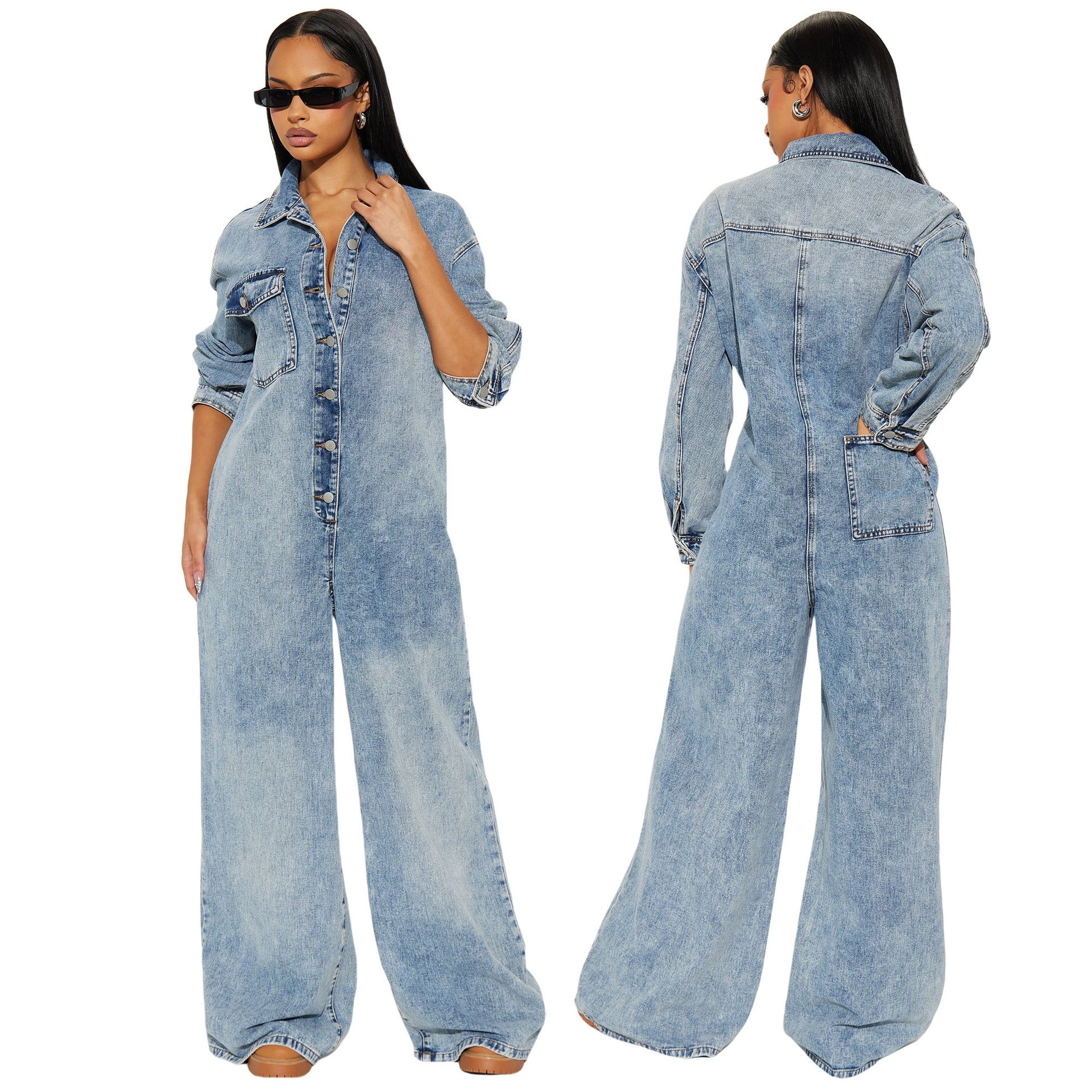 Stretchy Washed Denim Long-Sleeve Flared Jumpsuit