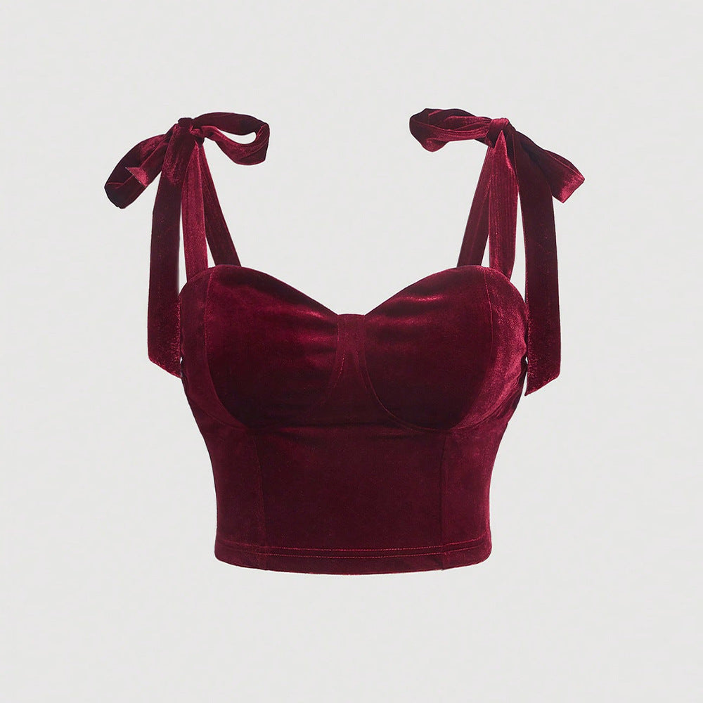 Burgundy Velvet Short-Sleeve Top with Bow Tie Strap – Chic Retro