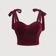 Burgundy Velvet Short-Sleeve Top with Bow Tie Strap – Chic Retro