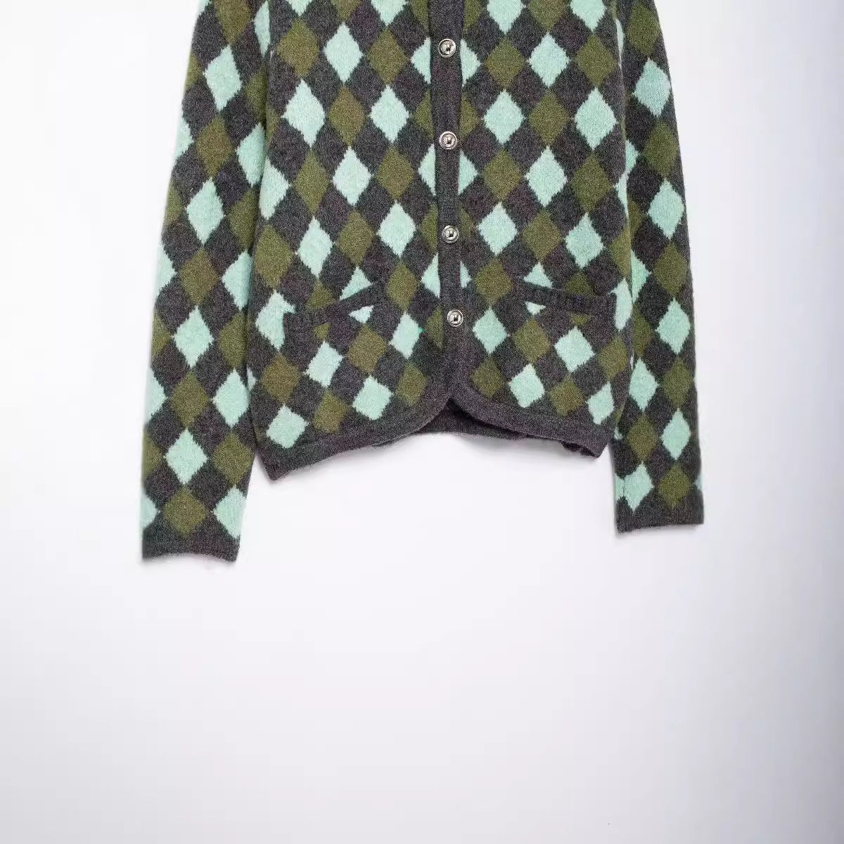 Diamond Pattern Jacquard Round Neck Knitted Cardigan Jacket