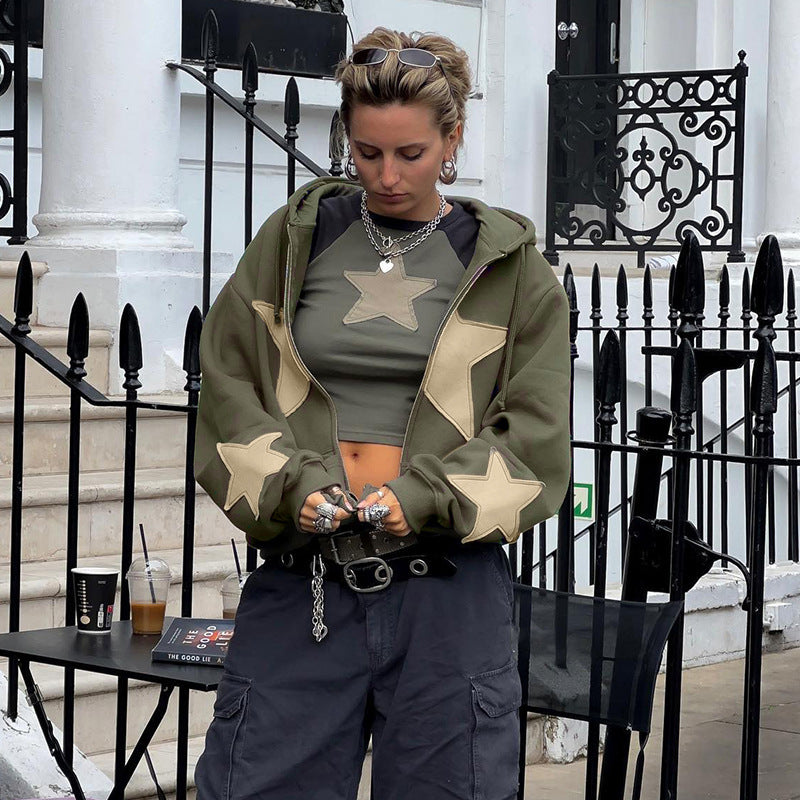 Star Patch Zip-Up Oversized Hoodie Streetwear