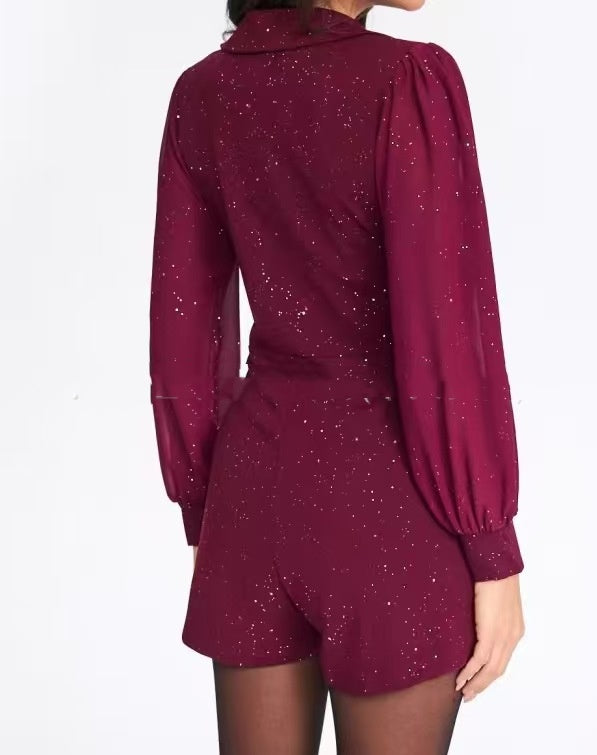 Sequin V-Neck Lantern-Sleeve Jumpsuit