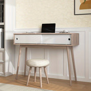 Entryway Console Table with Two White Sliding Doors, Wood Legs – Storage Piece for Hallway or Living Room (Natural Finish)