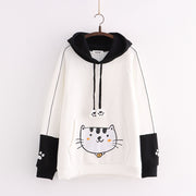 Cute Cat & Fish Print Fleece Hoodie for Women