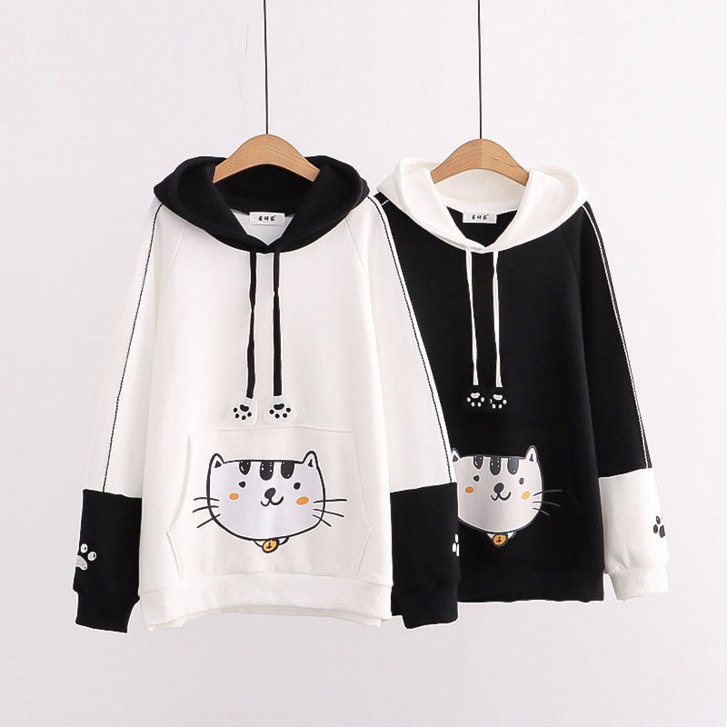 Cute Cat & Fish Print Fleece Hoodie for Women