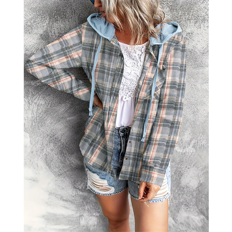 Women's Casual Hooded Distressed Button-Up Overshirt