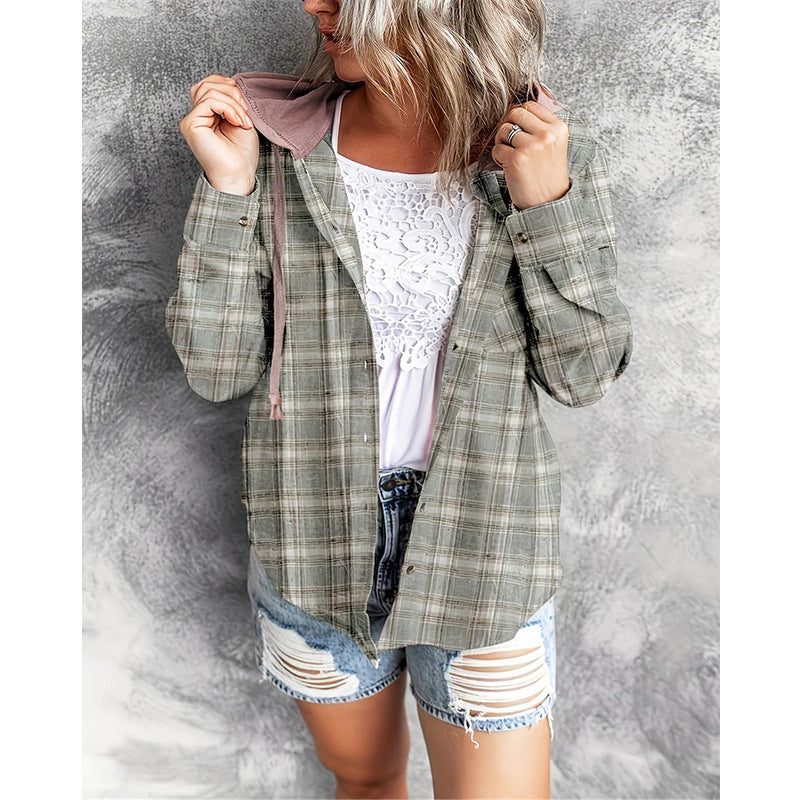 Women's Casual Hooded Distressed Button-Up Overshirt