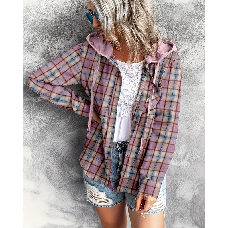 Women's Casual Hooded Distressed Button-Up Overshirt