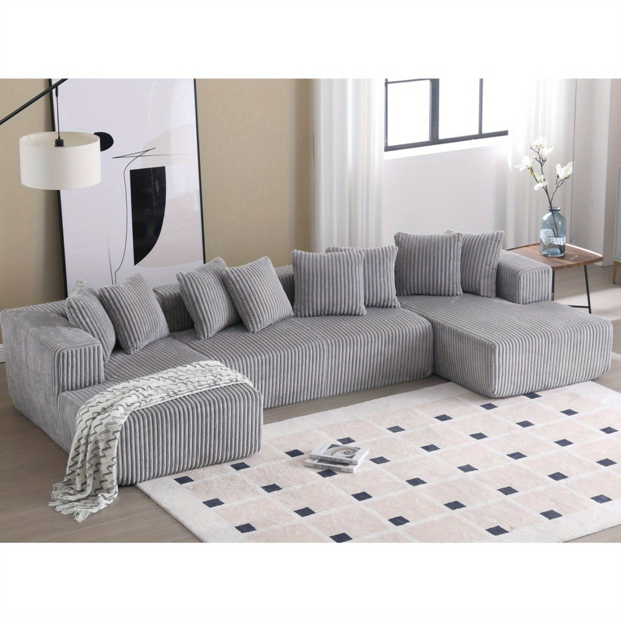 131'' Modular Sectional Couch, U-shaped sofa, Chaise Lounge, Striped fabric, Upholstered 4 Seater Couch for Living Room, Bedroom, Free Combination Sofa (Corduroy), Gray