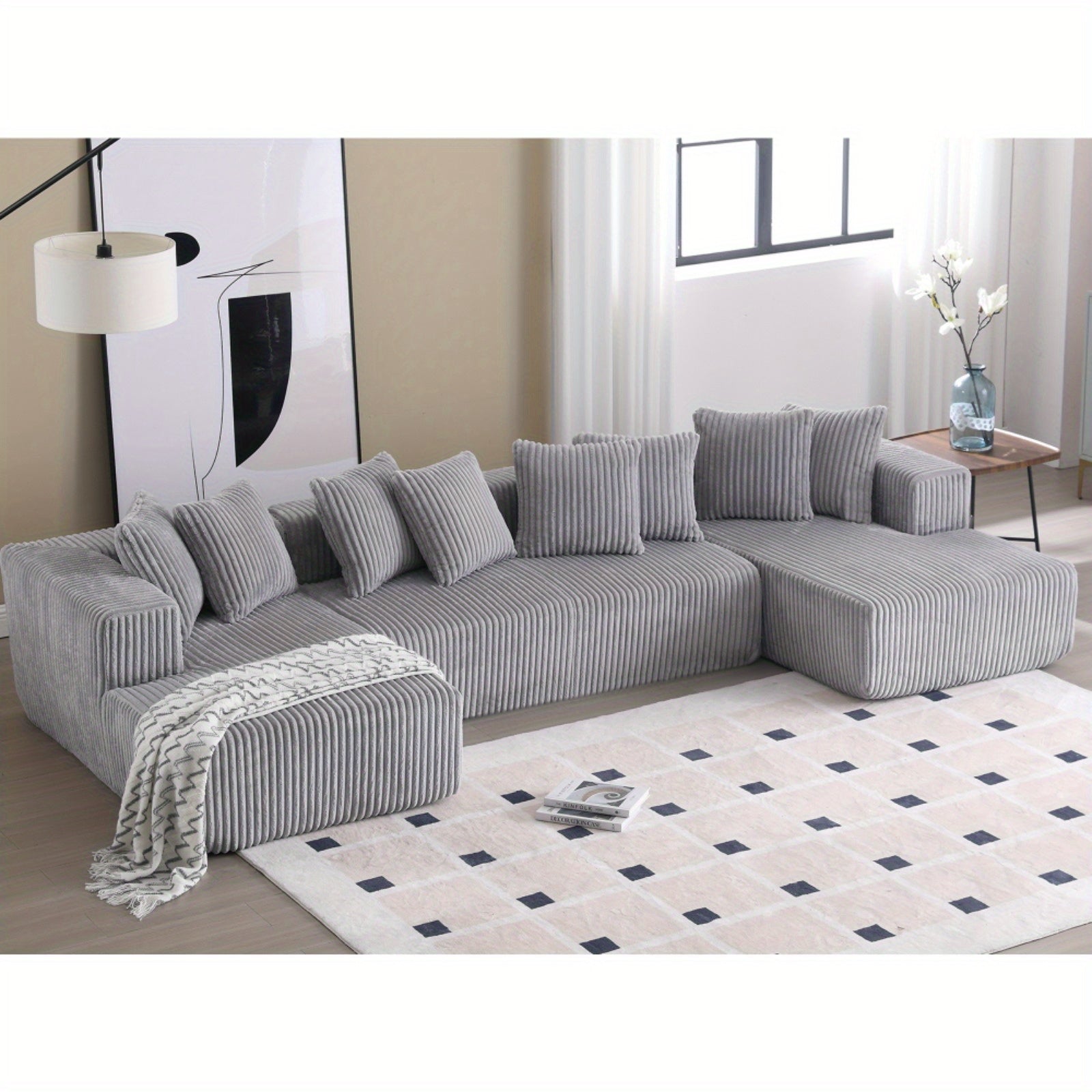 131'' Modular Sectional Couch, U-shaped sofa, Chaise Lounge, Striped fabric, Upholstered 4 Seater Couch for Living Room, Bedroom, Free Combination Sofa (Corduroy), Gray
