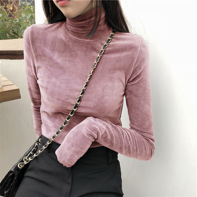 Women's Gold Velvet Turtleneck Thermal Top