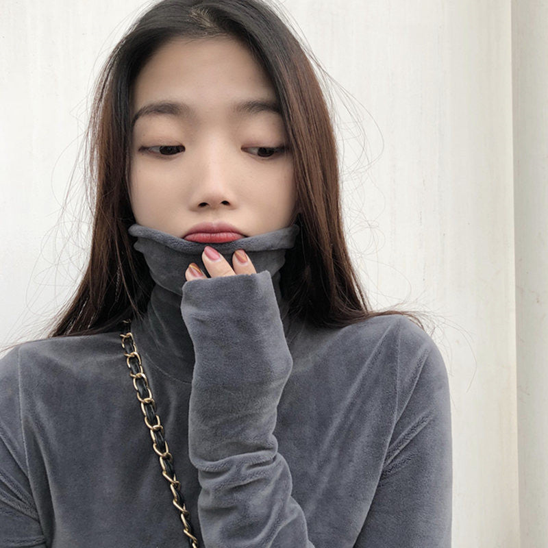 Women's Gold Velvet Turtleneck Thermal Top