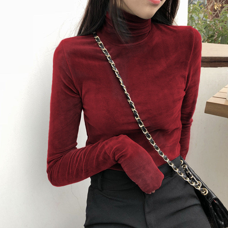 Women's Gold Velvet Turtleneck Thermal Top