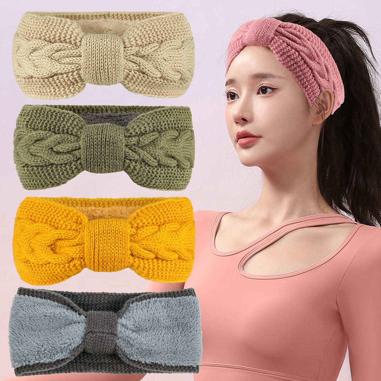 Fleece-Lined Wool Hair Band for Women - Stylish Bow Design