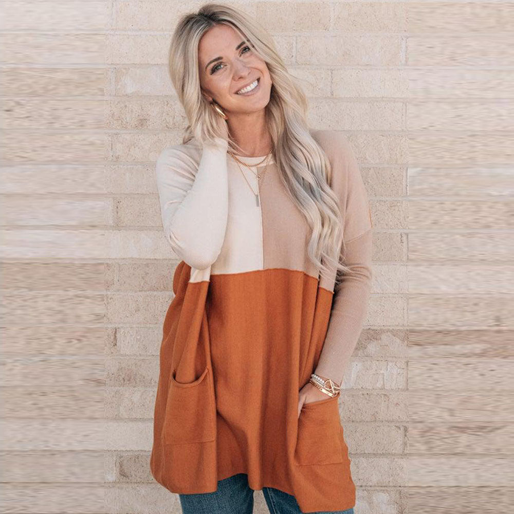 Orange Color-Block Pocket Long-Sleeve Hoodie