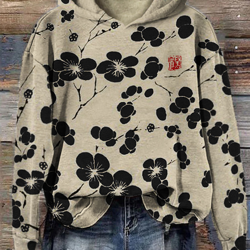 Plus Size Plum Blossom Hooded Casual Pullover