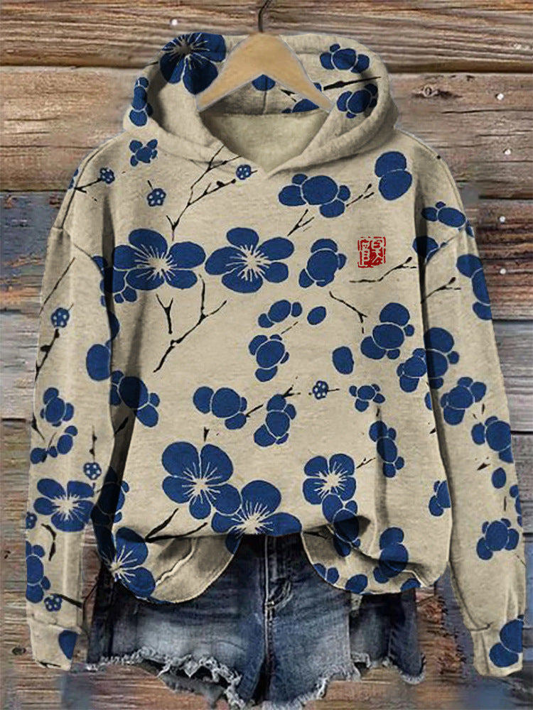 Plus Size Plum Blossom Hooded Casual Pullover