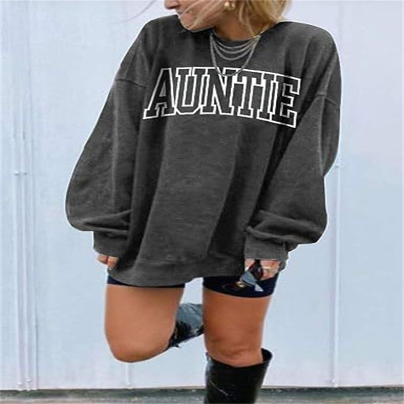 Oversized Aunt Letter Print Round-Neck Sweatshirt