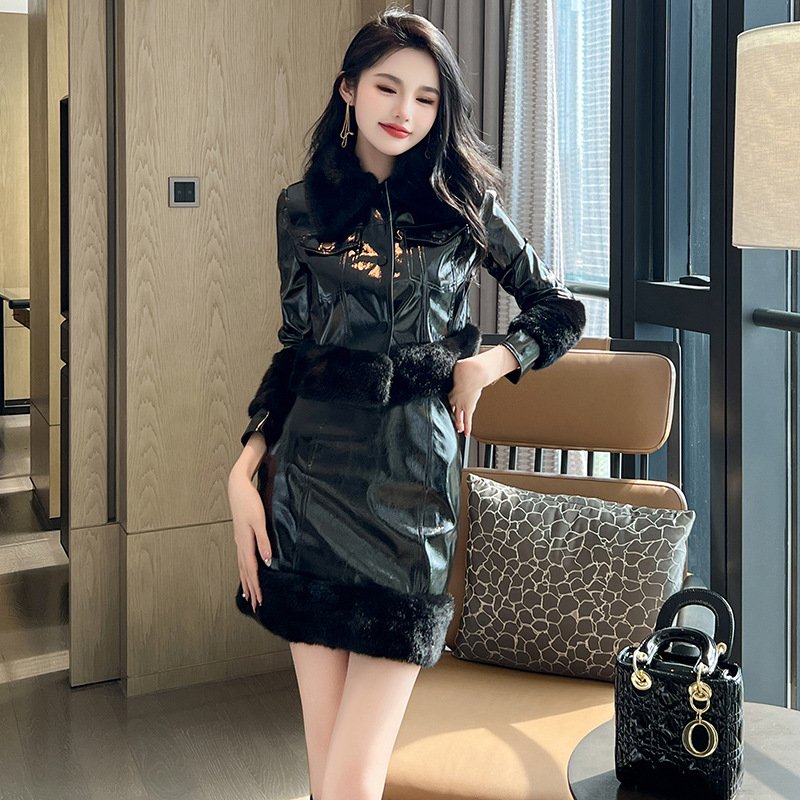 Winter Two-piece Leather Coat Skirt Set for Women