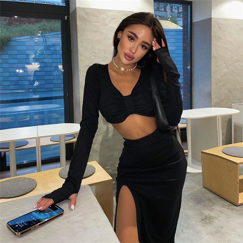 Women's High Slit Two-piece Fashion Suit Set