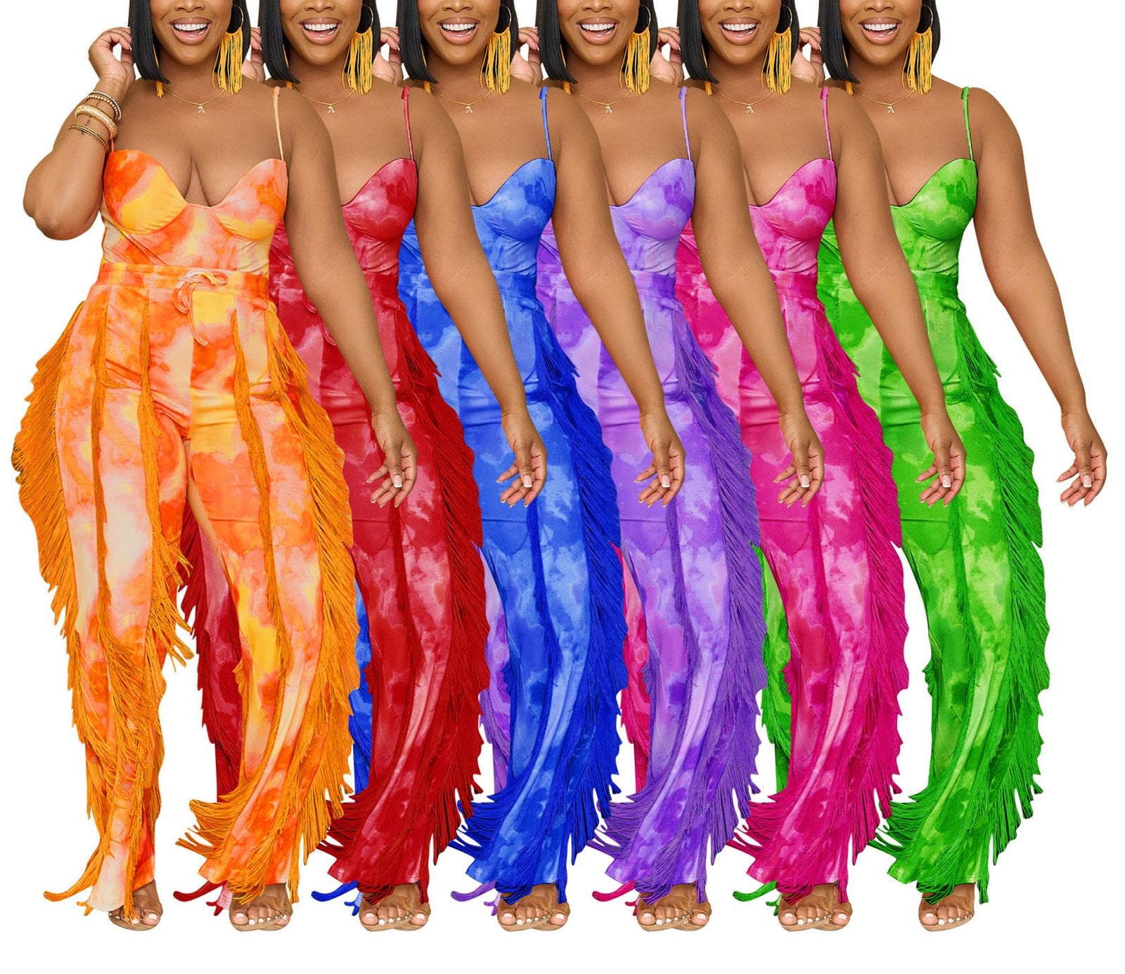 Red, Blue, Purple, Green, Orange, Rose Red Tassel Jumpsuit Set