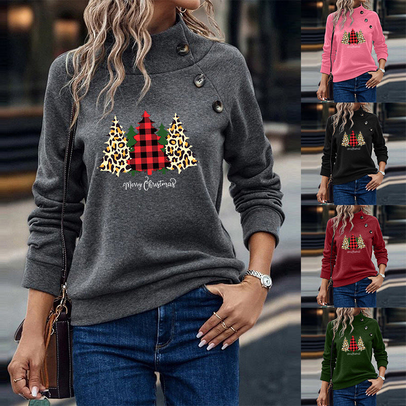 Women's Festive Button Christmas Long Sleeve Sweatshirt