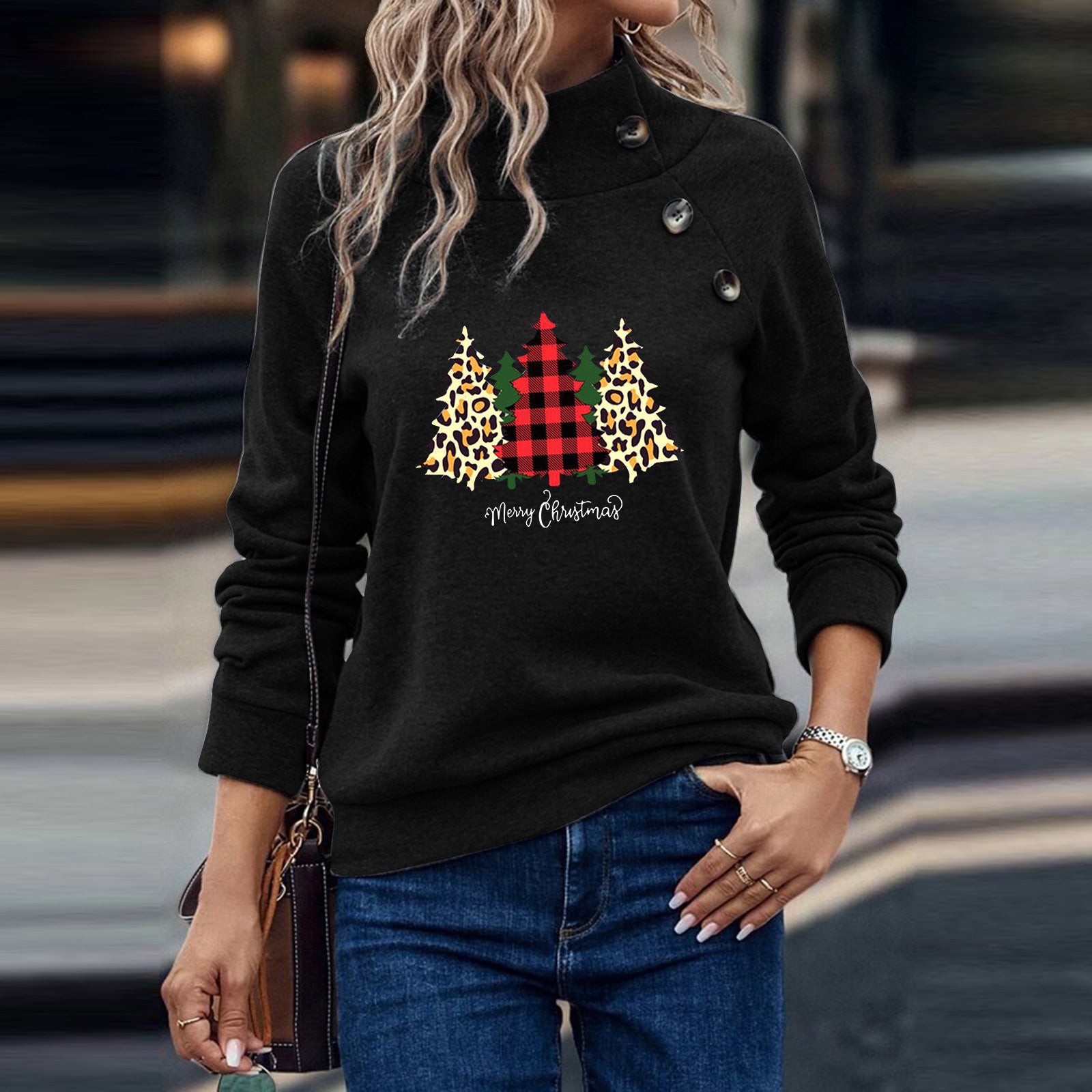 Women's Festive Button Christmas Long Sleeve Sweatshirt