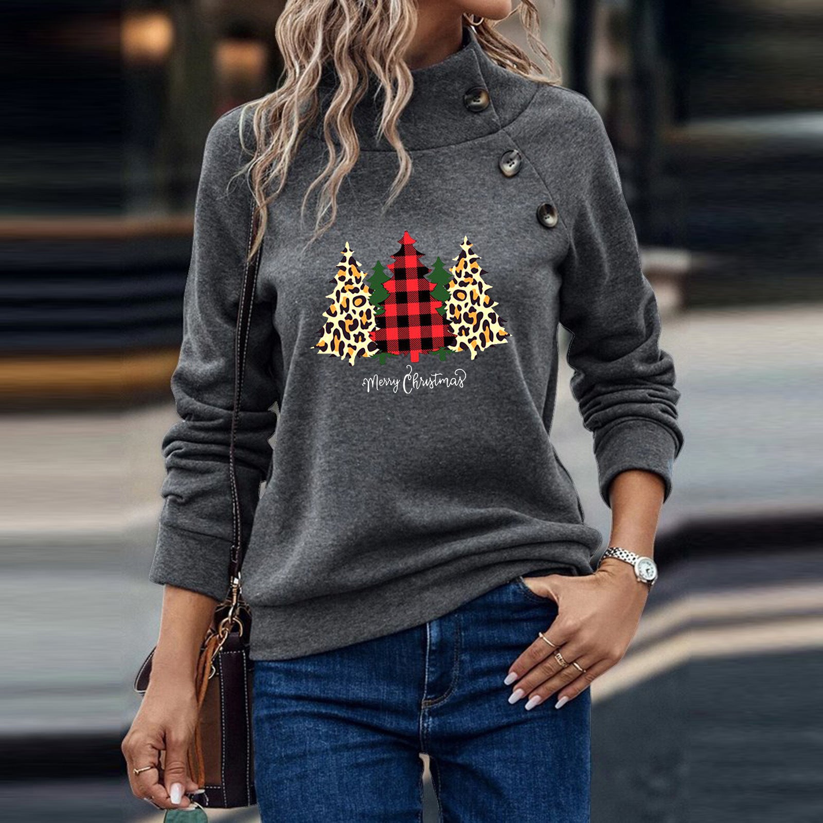Women's Festive Button Christmas Long Sleeve Sweatshirt