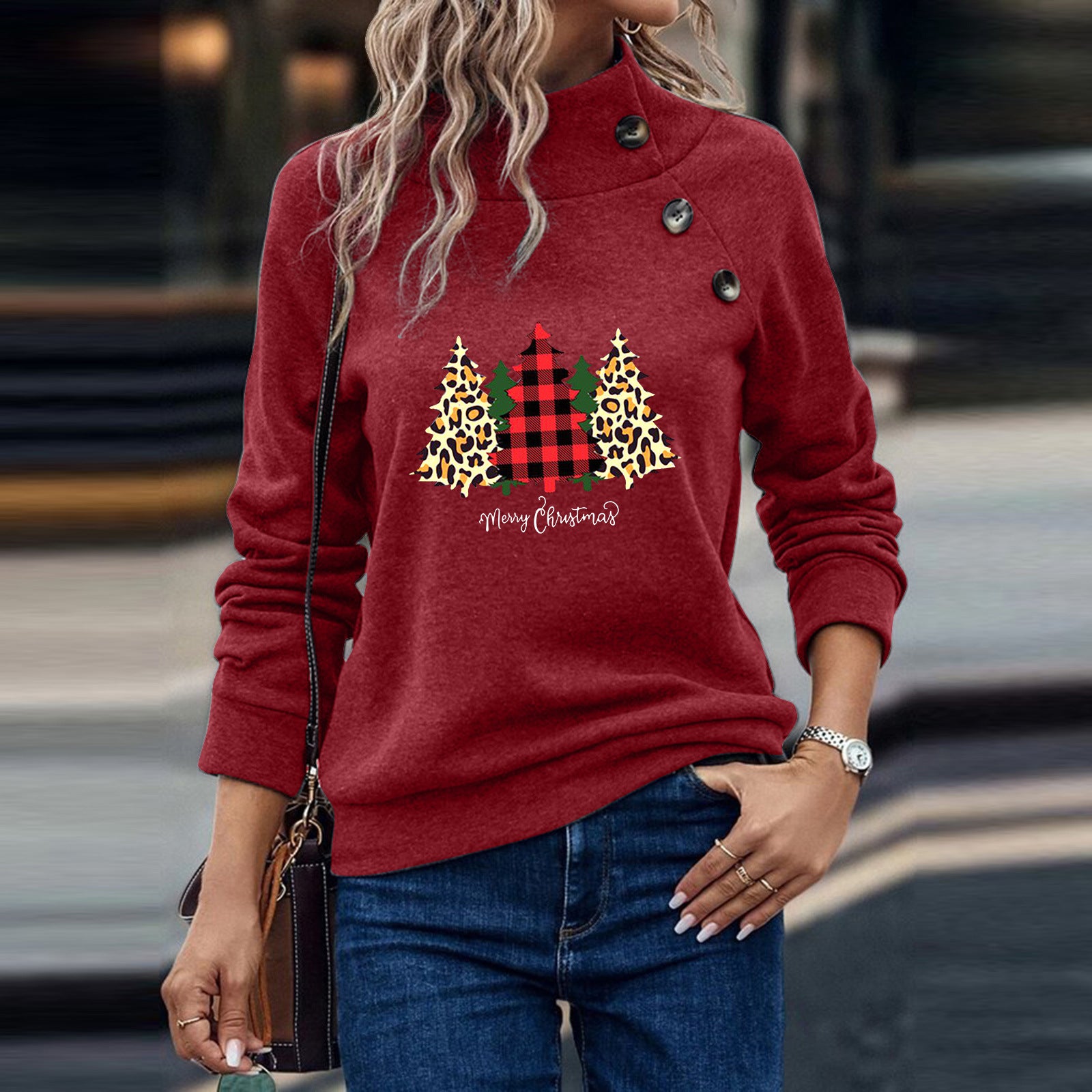 Women's Festive Button Christmas Long Sleeve Sweatshirt