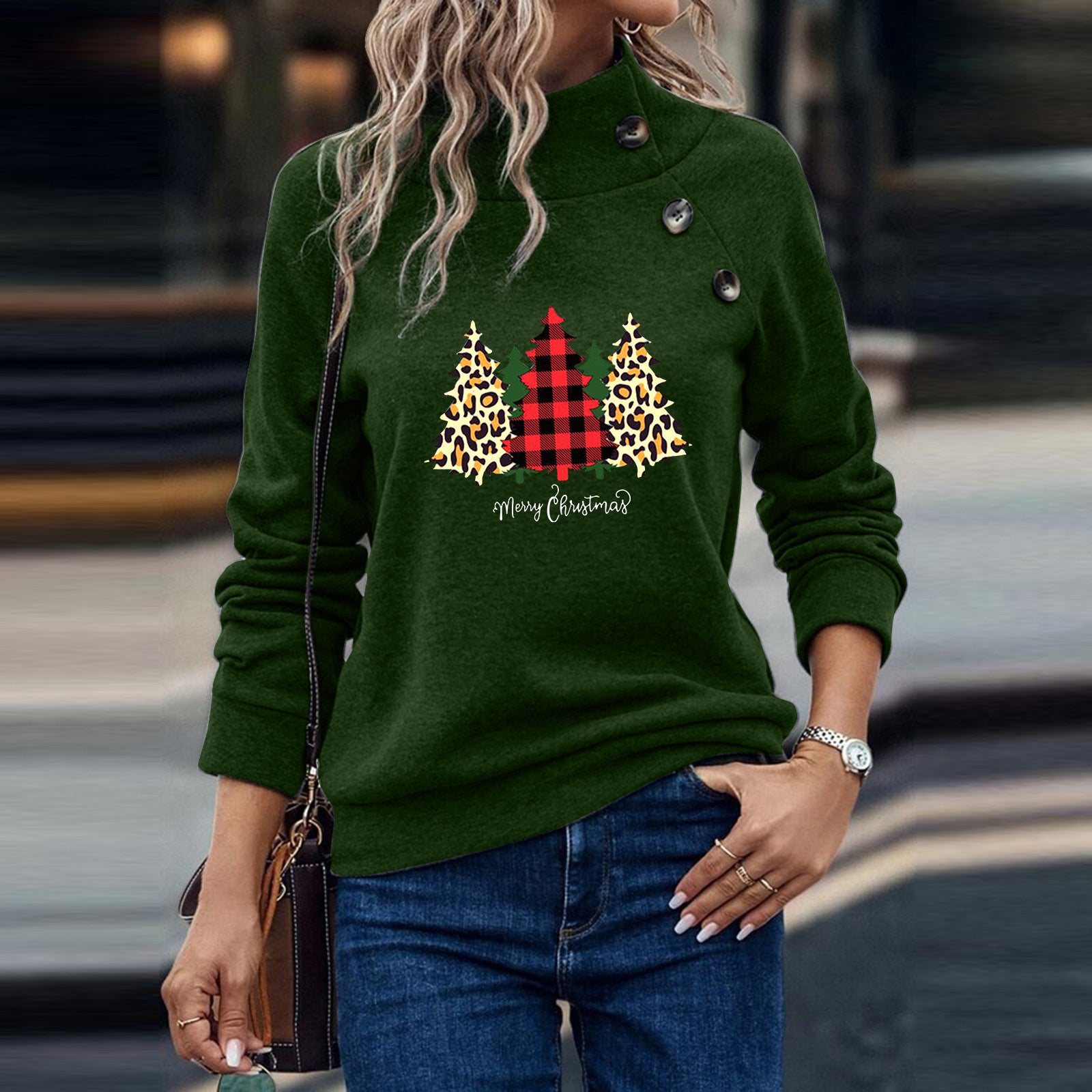 Women's Festive Button Christmas Long Sleeve Sweatshirt