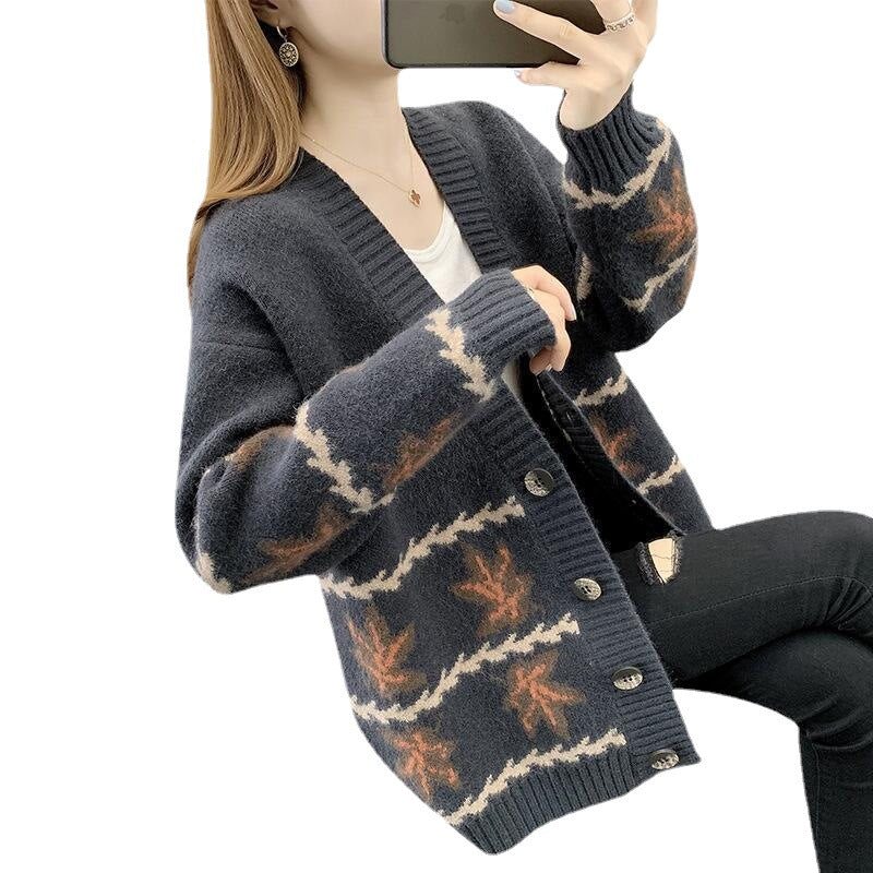 Cozy Maple Leaf Jacquard Oversized Cardigan Sweater