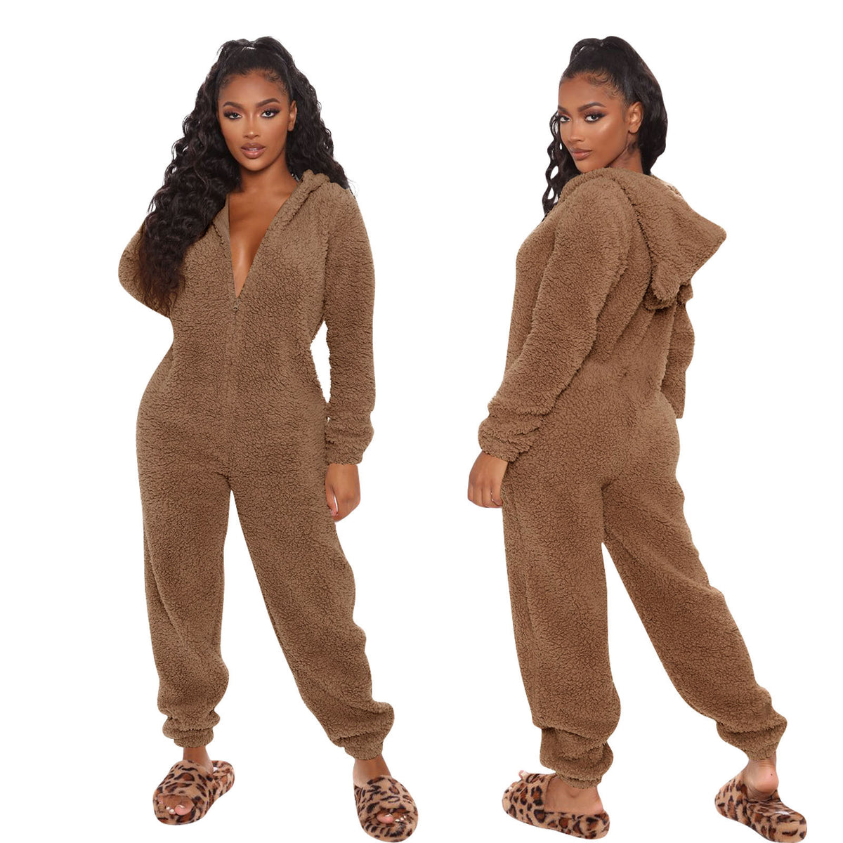 Cozy Plush Hooded Long Sleeve Jumpsuit Pajamas