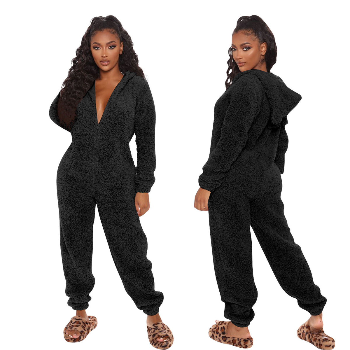 Cozy Plush Hooded Long Sleeve Jumpsuit Pajamas