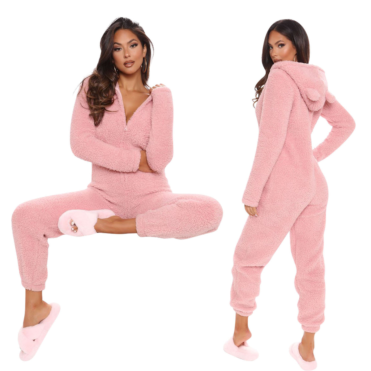 Cozy Plush Hooded Long Sleeve Jumpsuit Pajamas