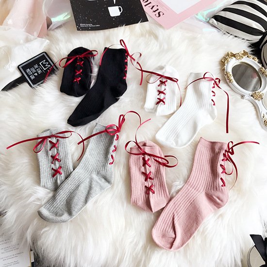 Cute Girl Student Socks with Ribbon Bow