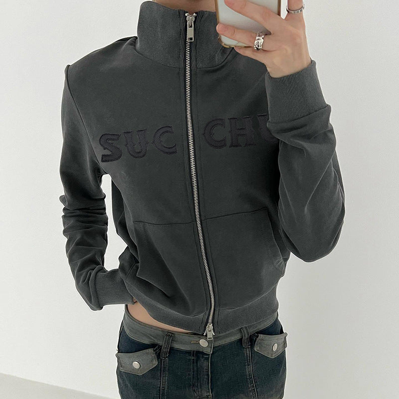 Embroidered Zip Knit Cardigan Casual Sweater