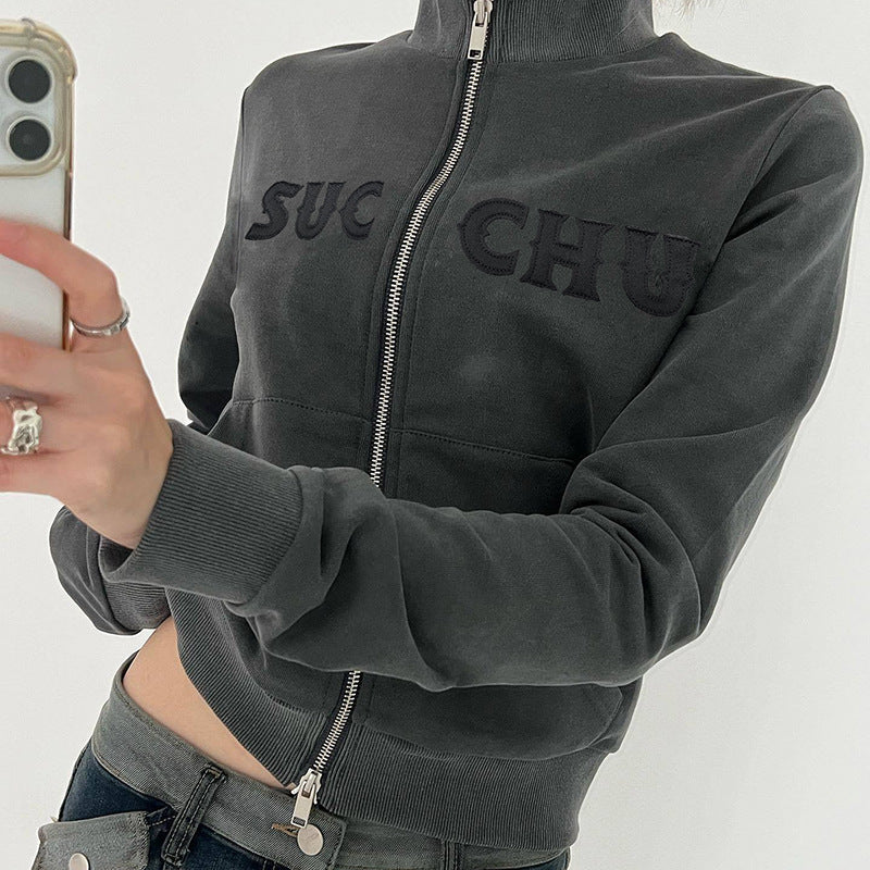 Embroidered Zip Knit Cardigan Casual Sweater