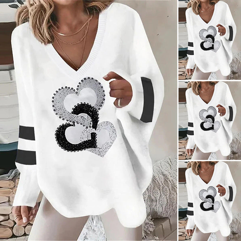 Cozy Geometric V-Neck Long-Sleeve Loose Sweater