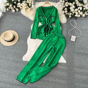 Women's Contrast Color Long Sleeve Wide Leg Knitwear Set