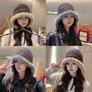 Rainbow Knitted Hat with Plush Edge Strap
