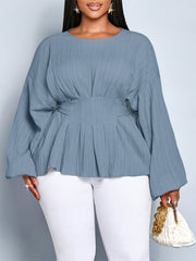 Misty Blue Cinched Waist Lantern Sleeve Top – Flattering Long‑Sleeve