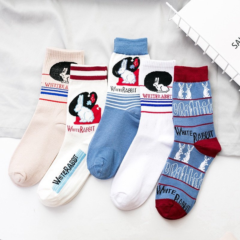 High-Top Cotton Socks for Women - Classic White Rabbit Design