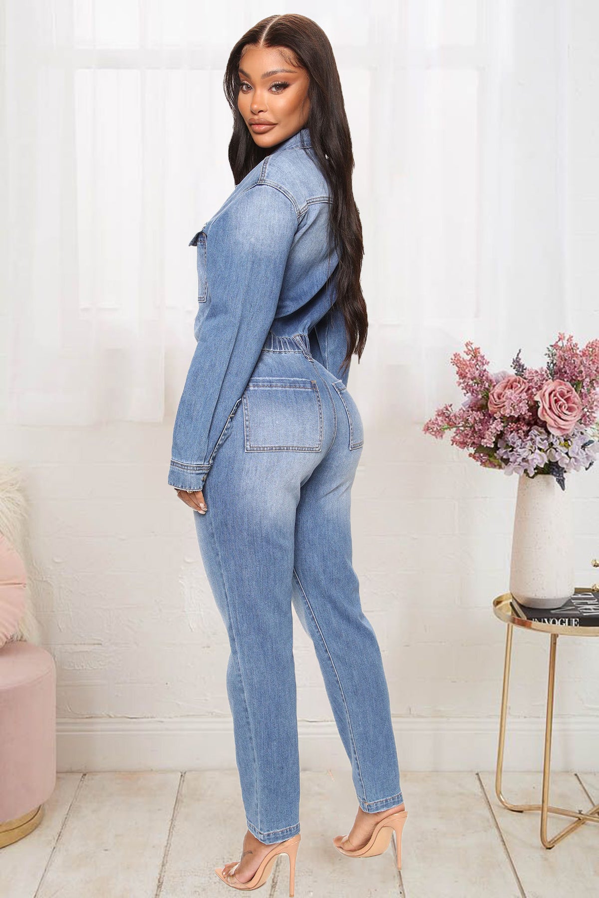 Washed Denim Long Sleeve Slim Waist Jumpsuit